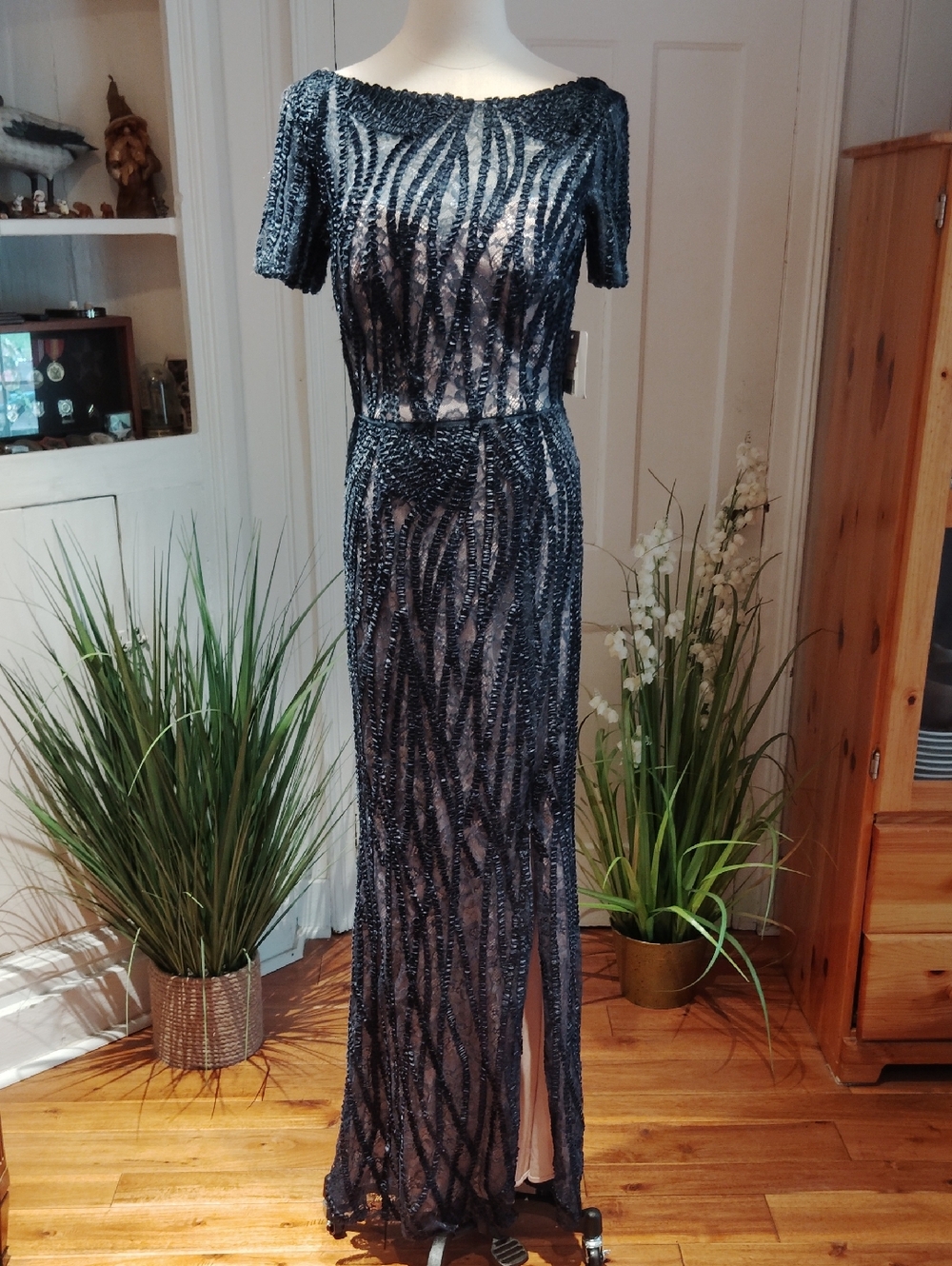 JS COLLECTION Embroidered Lace Illusion Bodice Evening Gown